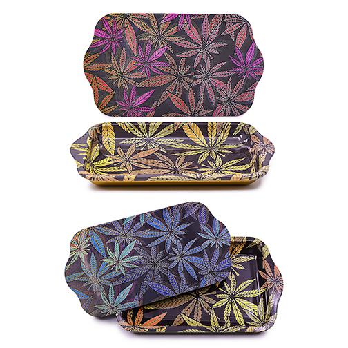 Metal Rolling Tray w/ Holographic Magnetic Lid - Leaves Rolling Tray BDD Wholesale 